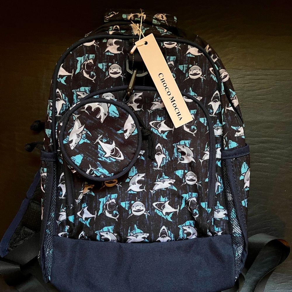 Back To School!  .Choco Mocha 15 inch Shark Backpack with matching coin bag. NWT